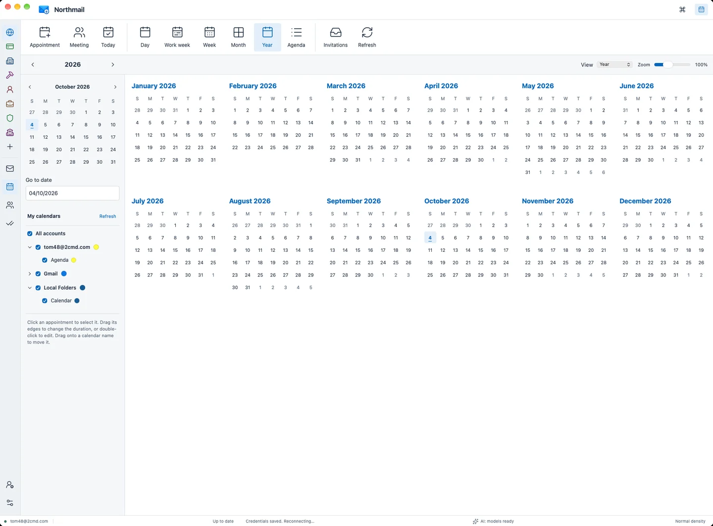The Northmail calendar in year view, with the calendars of every account side by side