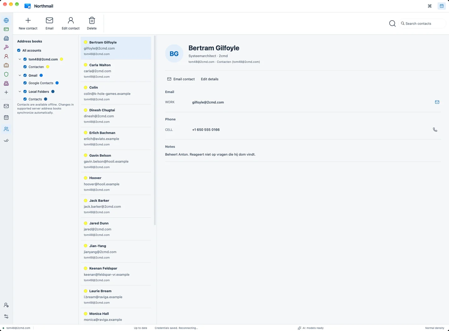 Northmail contacts: address books of every account together, with the details of one contact