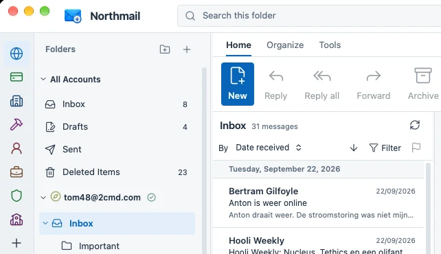 The Northmail mail window: profiles on the left, all folders of several accounts, the message list and the day calendar on the right