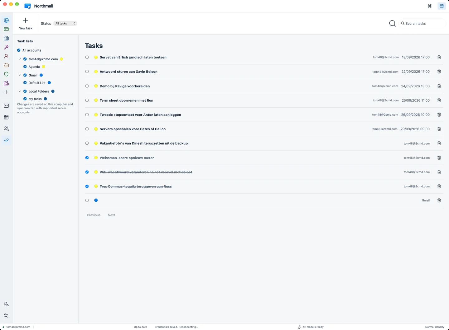 Northmail tasks from every account in one list, with due dates
