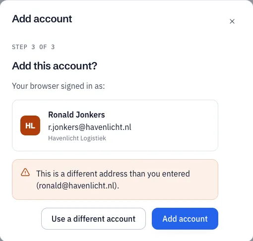 The step Add this account? with name, address and company