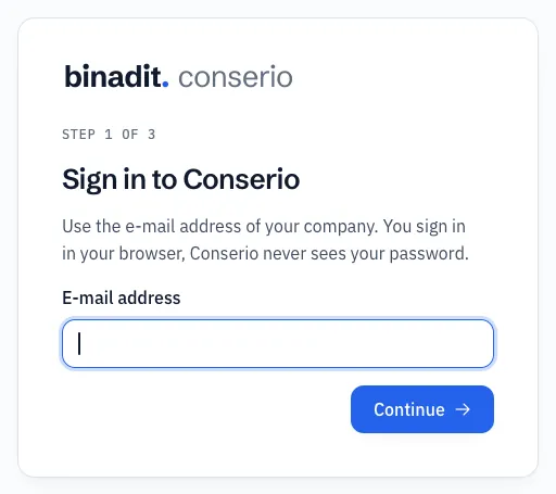 The Sign in to Conserio window with the E-mail address field