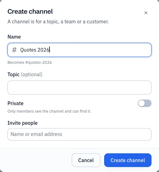 The Create channel window