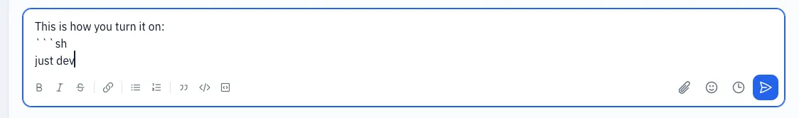 The message field with the formatting bar and an open code block
