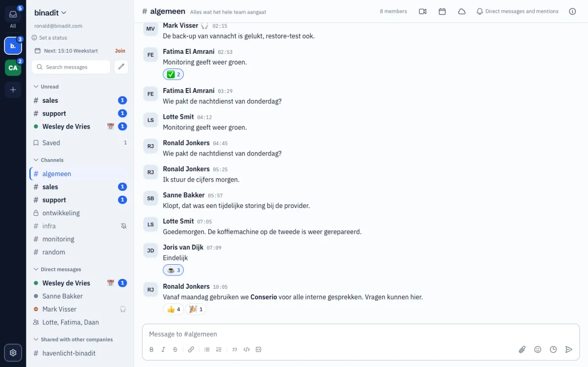 The main Conserio screen with account bar, sidebar and a channel
