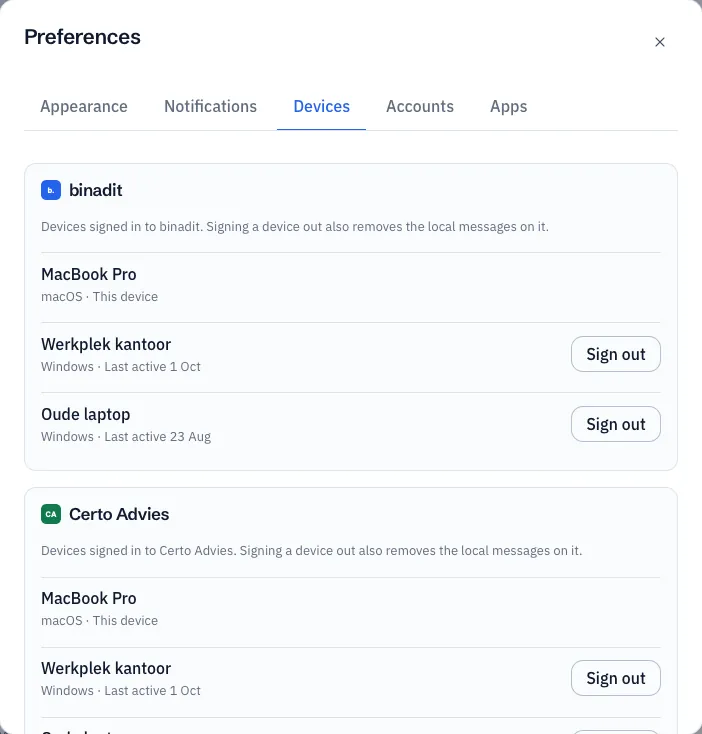 Preferences with the Devices tab