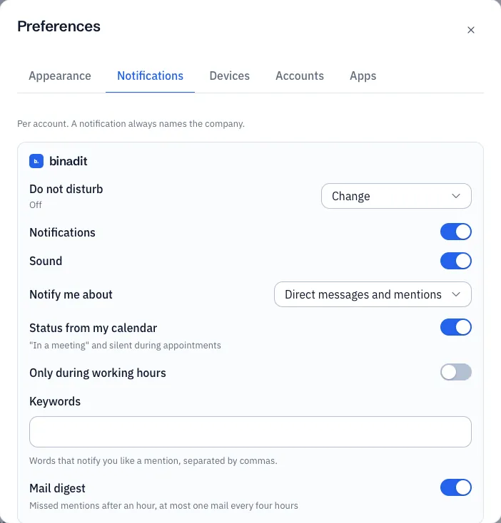 Preferences with the Notifications tab