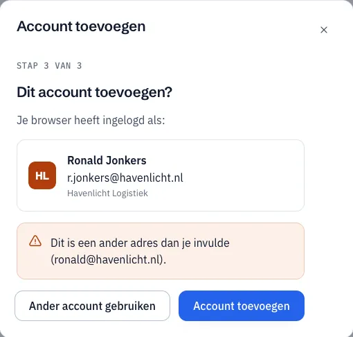 De stap Dit account toevoegen? met naam, adres en bedrijf