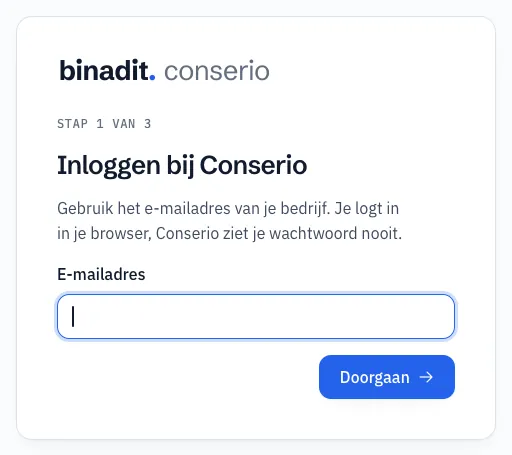Het venster Inloggen bij Conserio met het veld E-mailadres