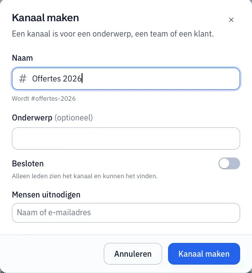 Het venster Kanaal maken