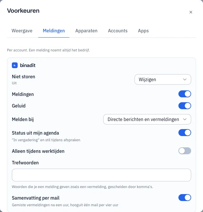 De Voorkeuren met het tabblad Meldingen